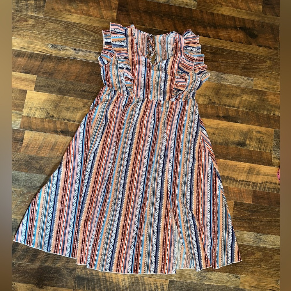 Sleeveless Striped Midi Dress with Ruffle Shoulders - Coral & Blue